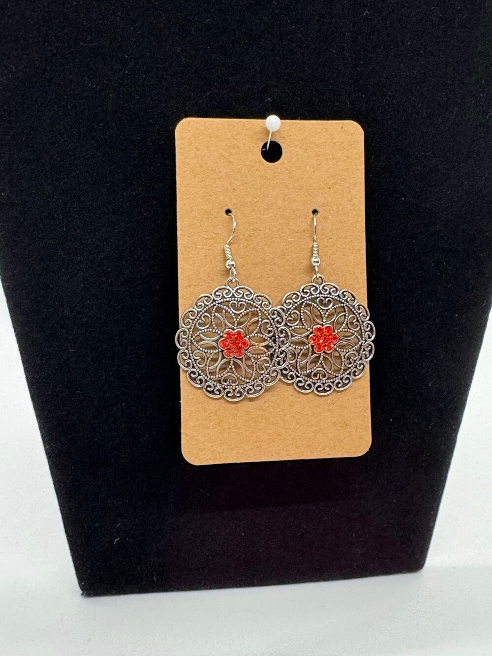 Silver Tone Dangle Earrings Orange Rhinestone Flower Filigree New
